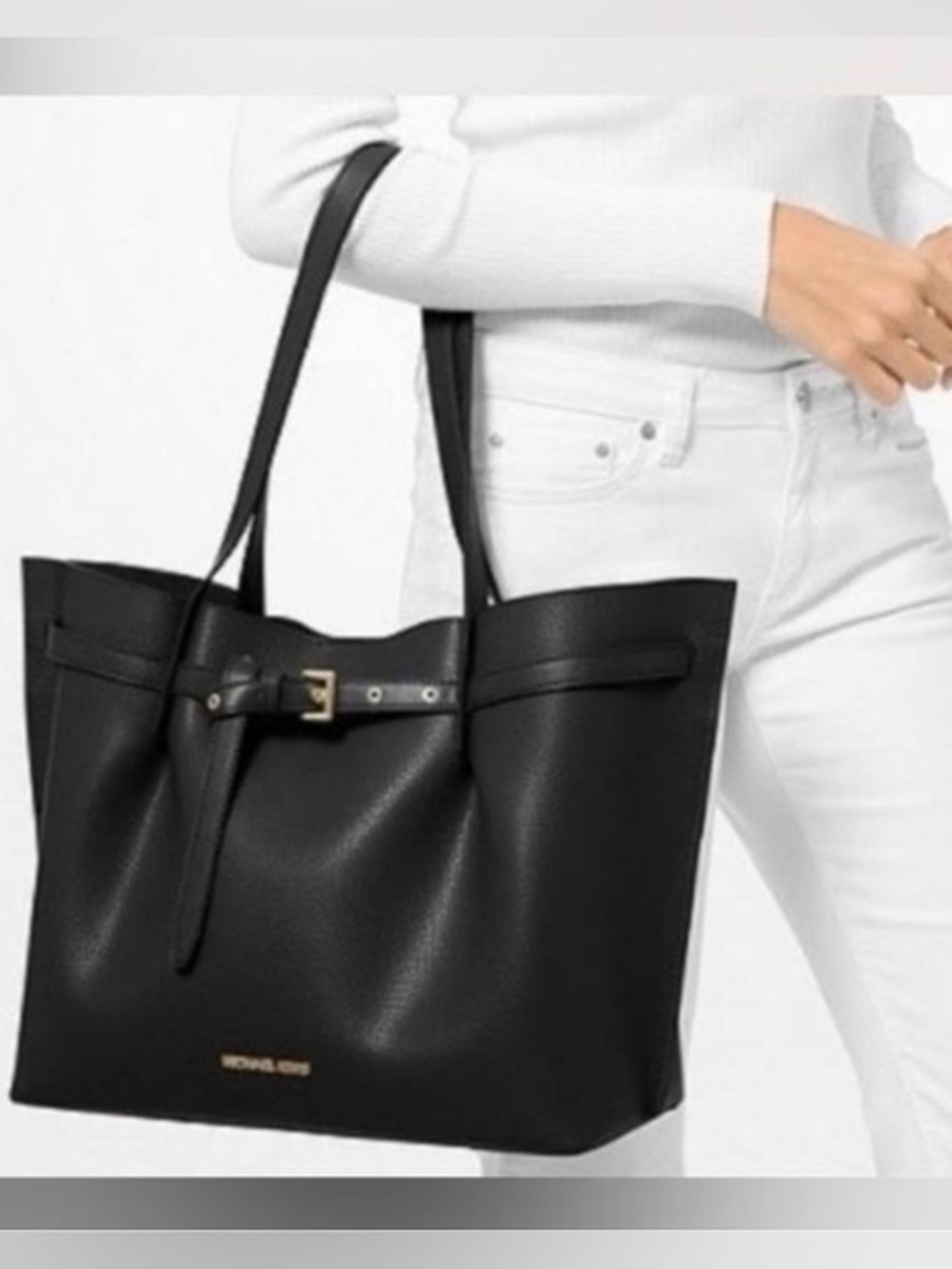 Michael Kors Black Pebbled Leather Shoulder Tote with Gold Hardware